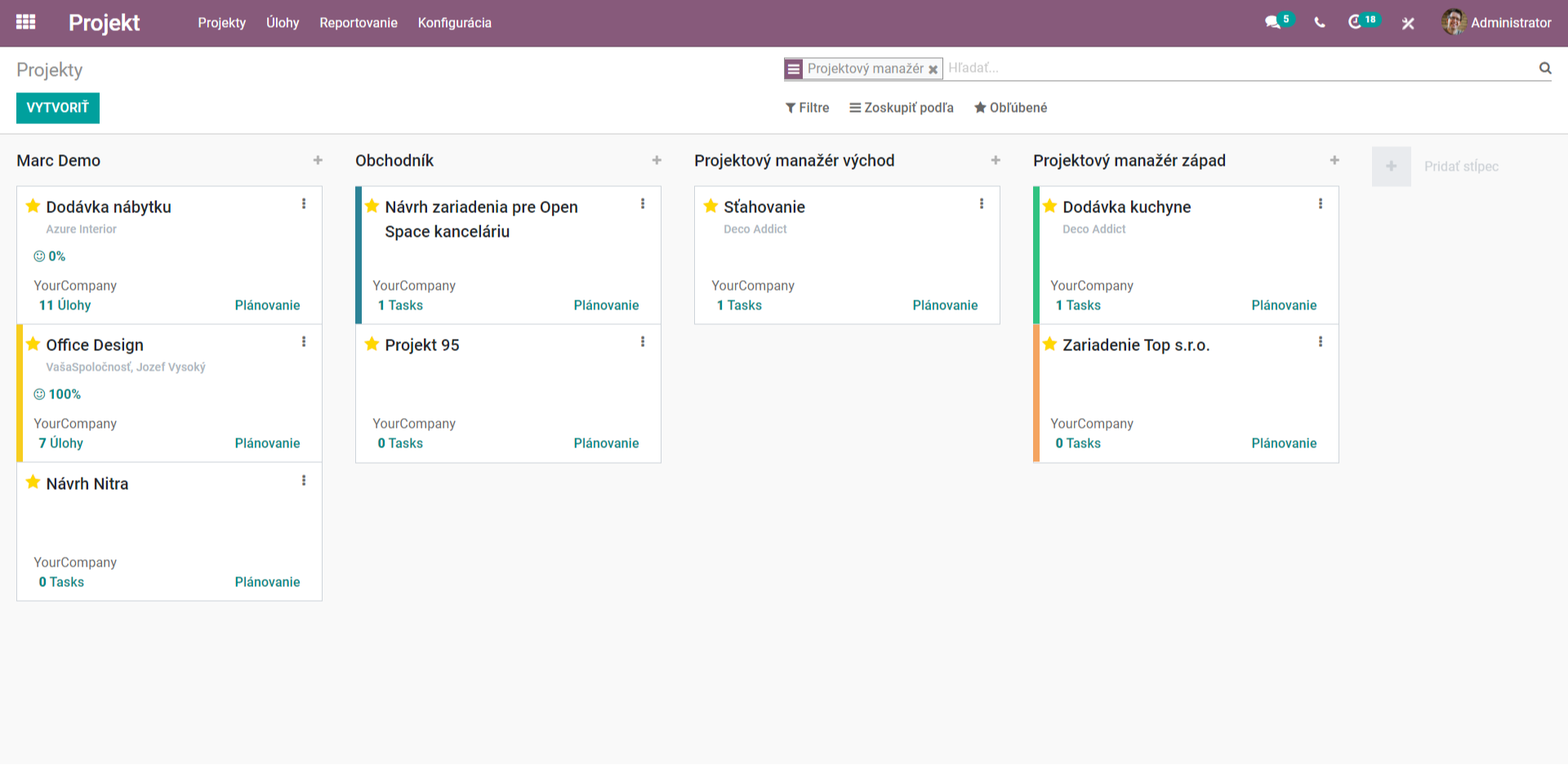 Prehlad projektu dashboard Odoo